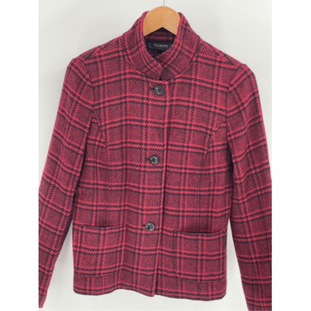 Talbots Blazer Jacket Women 10 Plaid Red Black Check Button Front Wool Blend - Picture 2 of 13